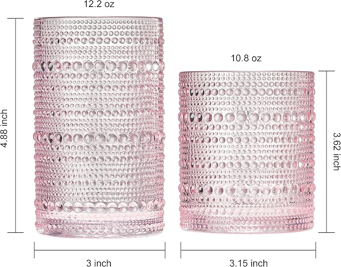 Khen Hobnail Beaded Highball Drinking Tumbler Glasses | Set of 12 | Pink Blush Color, Vintage Bubble Design Whiskey Glassware, Old-Fashioned, Embossed Design for Water, Wine, Cocktail, Rocks Glass - Image 5