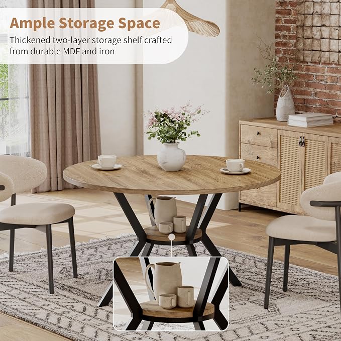 MECHYIN 42 Inch Round Dining Table for 2–4, Farmhouse Round Kitchen Table with Storage Shelf, Pedestal Dining Table, Wood Top & Metal Base, Small Space Table for Apartment, Dining Room - Image 3