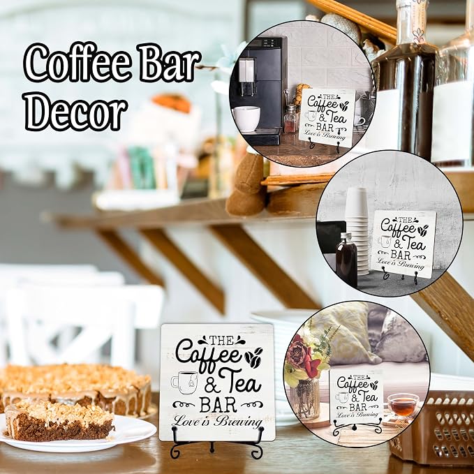 Coffee Bar Sign, Love is Brewing Farmhouse Tabletop Decor, Coffee and Tea Lover Gifts, 5x5 Wood Plaque with Iron Stand for Home Kitchen Cafe, Coffee Bar Decor – L07 - Image 3