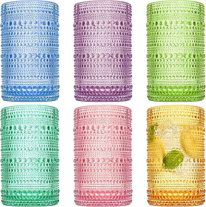 ZOOFOX Set of 6 Vintage Drinking Glasses, 12 Oz Colored Hobnail Glasses Tumbler, Embossed Design Glass Tumblers Set for Water, Beverages, Juice, Beer, Cocktail, Whiskey, Milk by zoofox