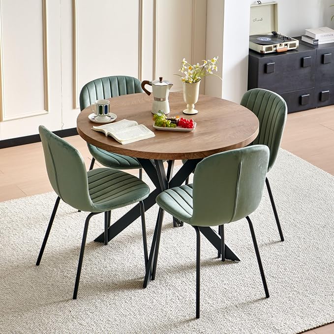 37 Inch Round Dining Table Set for 4, Modern Small Circle Kitchen Coffee Set for Apartment Living Room Office, Save Space(1 Imitation Wooden Table + 4 Green Velvet Chairs) by SQPFTW