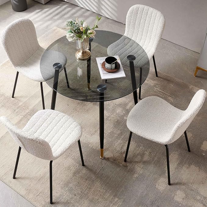 Dining Chairs Set of 4, Modern Boucle Dining Room Chairs with Black Metal Legs, Comfortable Armless Side Kitchen Chair for Home, Living Room, Bedroom, Restaurant, White - Image 4