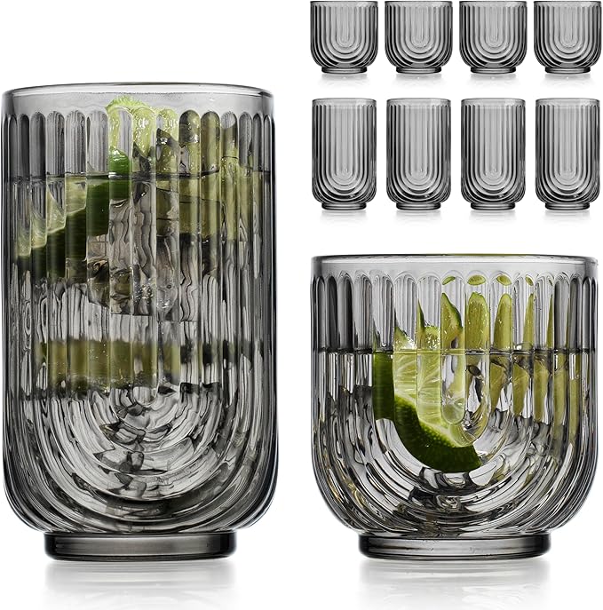 Glaver's 8 Piece Smoke Glassware Set, Art Deco Black Drinking Glasses, Ribbed U-Shape Design, 4 Highball 17oz and 4 Whiskey 11oz DOF Arch Drinkware by Glavers