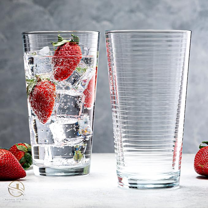 Le'raze Set of 16 Heavy Base Ribbed Durable Drinking Glasses Includes 8 Cooler Glasses (17oz) and 8 Rocks Glasses (13oz), Clear Glass Cups - Elegant Glassware Set - Image 8