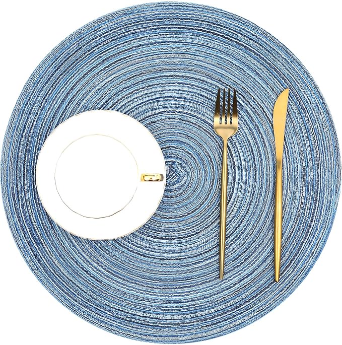 SHACOS Round Braided Placemats Set of 4 Dining Table Placemats 15 inch Circle Place Mats Easy to Clean Table Mats Indoor Outdoor, Blue Gray - Image 2