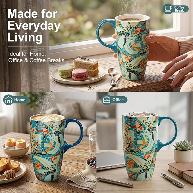Topadorn 17oz Ceramic Travel Mug with Lid, Art Nouveau Floral Coffee Mug | Vintage Blue Botanical Latte Cup, Microwave & Dishwasher Safe Gift Mug for Home Office Commute - Image 5
