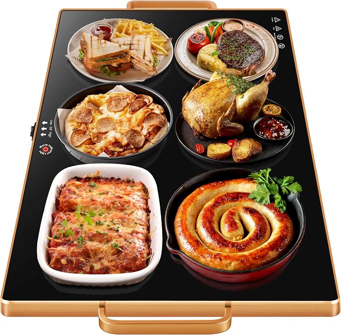Warming Trays for Buffets Party, 32"x18", Tempered Glass Food Warmer, Black | Keep Food Warm, Gold Handles Food Warming Mat for Daily Use, With Thermostat, Button Temperature Control, Full Surface Warm by Aanuan