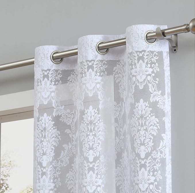 LinenZone 38 x 84 Luxury White Knitted Lace Curtains. (Lisa 38 x 84, White) | 2 Elegant Knitted Lace Curtains with Floral Damask Design and Scalloped Bottom in 63, 84 and 96 Inch Sizes. - Image 2