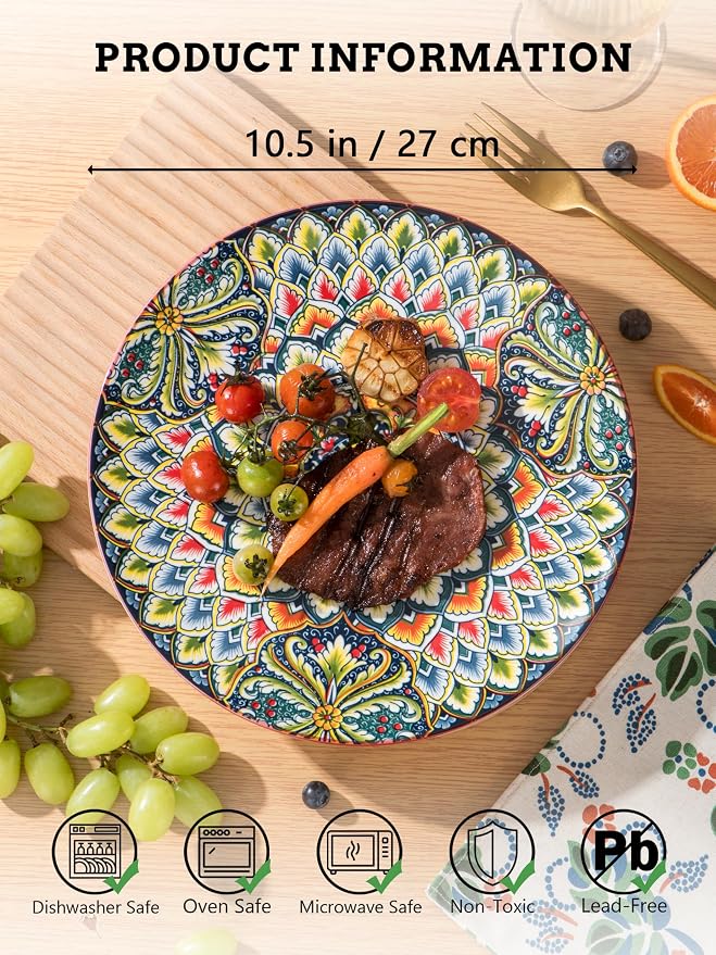 Henten Home Dinner Plates Set of 6, 10.5 Inch Porcelain Plate, Colorful Bohemian Serving Dishes for Kitchen, Pasta, Salad, Decorative, Microwave & Dishwasher Safe - Image 2