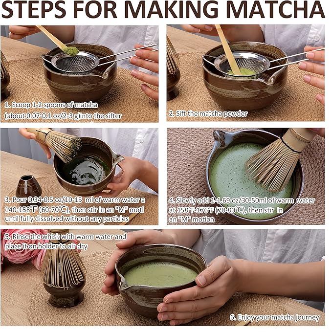 Joyscale Matcha Whisk Set, Matcha Set Whisk And Bowl, 8 Pcs Matcha Kit Set(Retro Design), 16 OZ, Japanese Matcha Tea Set, Matcha Making Kit Gifts for Tea Lovers(Brown)