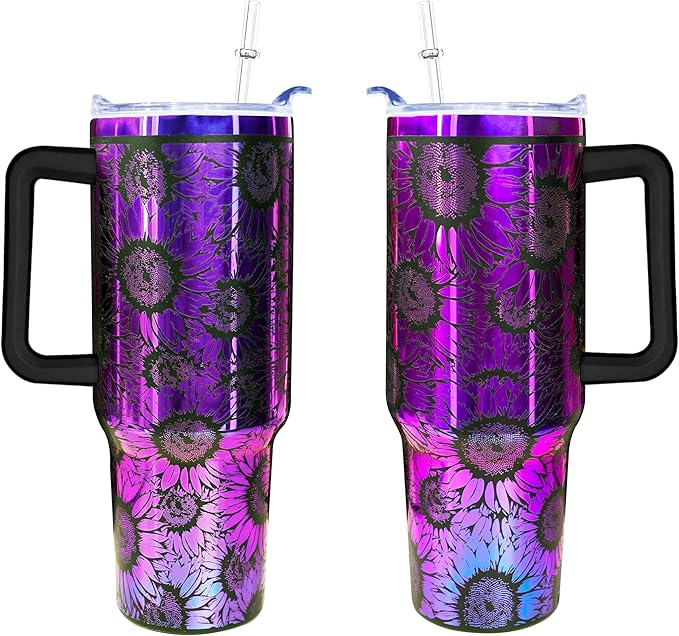 40 oz Sunflower Laser Engraving Tumbler With Handle With Lid Straw Double Insulated Travel Coffee Cup Travel Accessories Must Have Gifts For Women