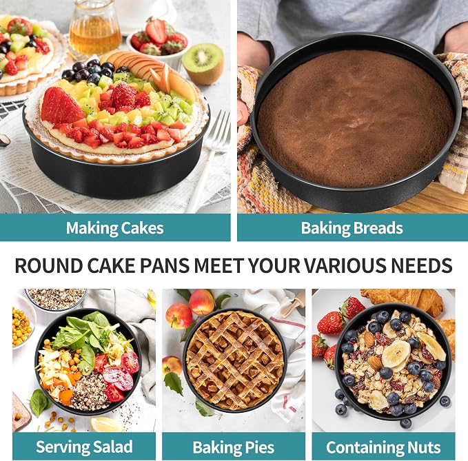 P&P CHEF 4/6/8/9.5 Inch Cake Pan Set, Non-stick Baking Pans for Cake, 4Pcs | Round Cake Baking Tins for Tier Smash Cakes, Bread, Non-Toxic & Solid, Stainless Steel Core & Leak-Proof, Black - Image 6