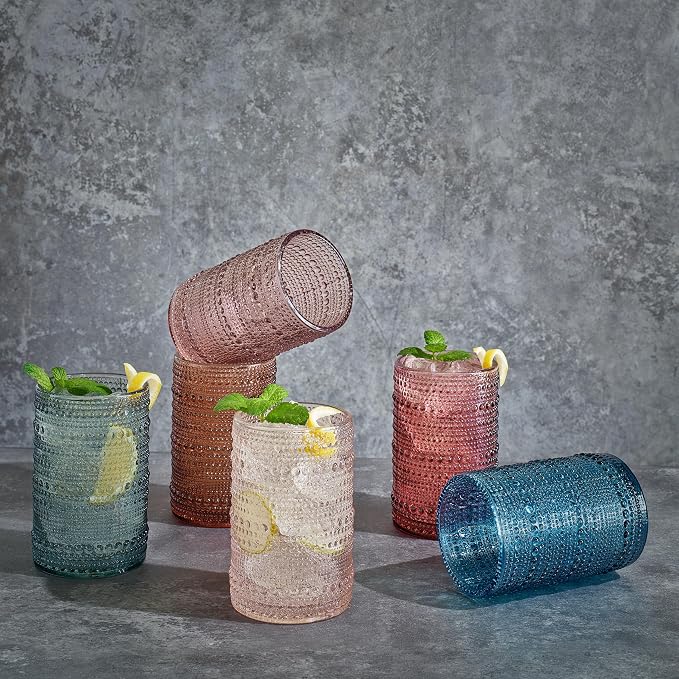 Khen Beaded Highball Drinking Tumbler Set | Set of 6 | Holiday Decor Vintage Hobnail 12 OZ Muted Bubble Design Whiskey Glassware, Old-Fashioned, Embossed Design Glass for Water Wine, Cocktail - Image 3