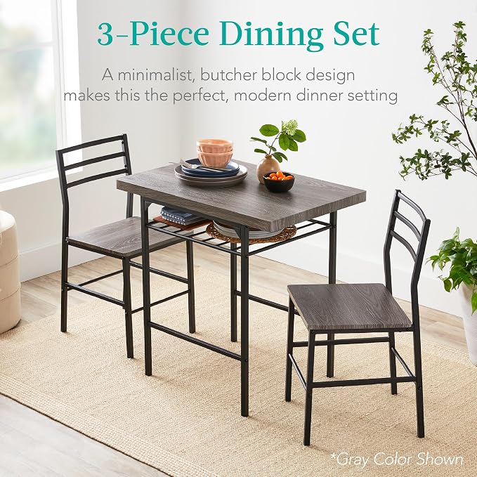 Best Choice Products 3-Piece Modern Dining Set, Space Saving Dinette for Kitchen, Dining Room, Small Space w/Steel Frame, Built-in Storage Rack - Oak/Black - Image 5