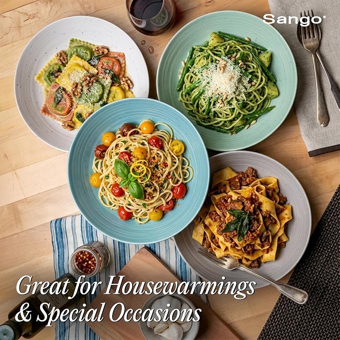 Sango Siterra Artist's Blend Stoneware Pasta Bowls (Set of 4) Multi Assorted Colors– Featuring Soft Gray, Blue, Green, and Ivory, for Everyday Dining & Entertainment, Microwave & Dishwasher Safe - Image 6