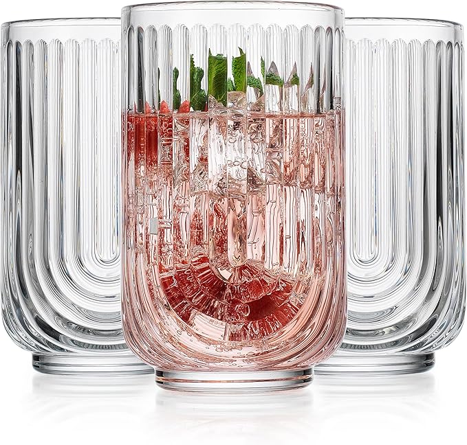 Glaver's Drinking Glasses Set of 8. 17oz Vintage Drinking Cups. Ripple Cocktail Glasses, Ribbed Drinking Highball Glass Cups. Arch Designed Art Deco Glassware for Water Juice Coffee. Package may Vary by Glavers