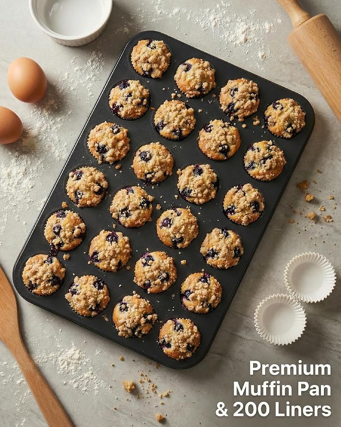 CARTMAN 24-Cup Mini Muffin Pan, Nonstick Carbon Steel Mini Cupcake Tin | Includes 200 paper liners, 24-cup nonstick carbon steel, oven safe 450°F, ideal for egg bites, mini cupcakes & brownies - Image 2
