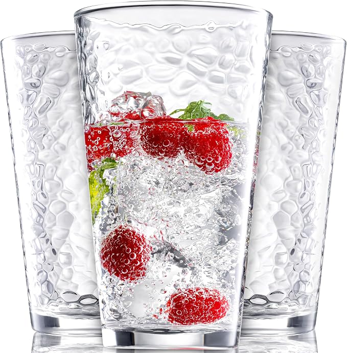 Le'raze Set of 10 Hammered Glass Cups, Clear Heavy Base Drinking Glasses | 16oz, Stackable, Durable, Dishwasher Safe, Freezer Safe, Non Slip, 100% Food Grade, BPA Free, Secure Packaging, Eco-Friendly by LERAZE