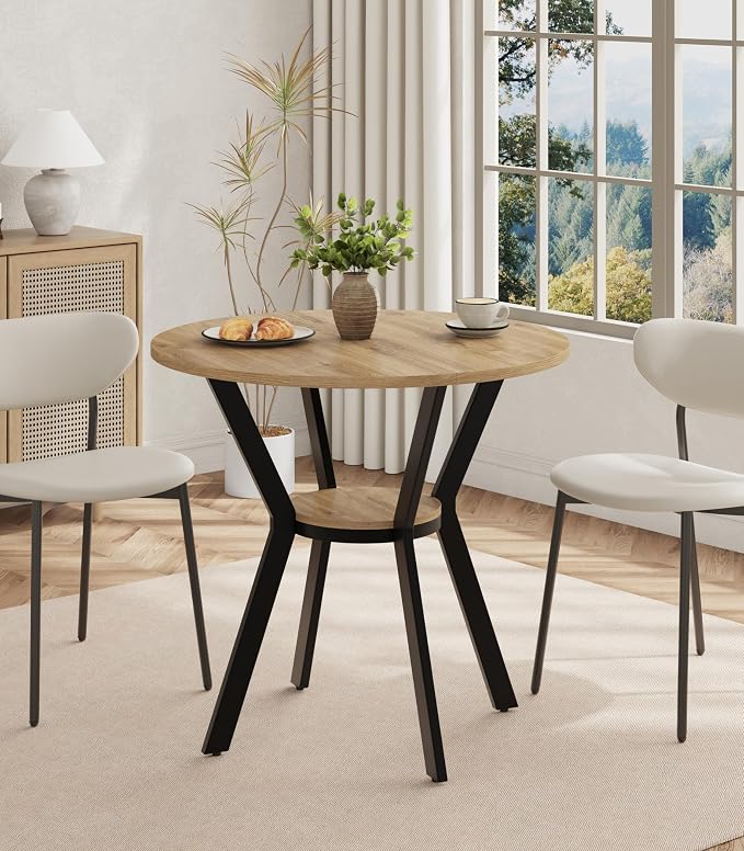 Round Kitchen Tables for 2-4, 31.5" Small Dining Tables with Storage, Rustic Wood Circle Dinner Table with Metal Leg, Farmhouse Dinner Table for Small Space, Dining Room, Kitchen, Office, Apartment by MECHYIN
