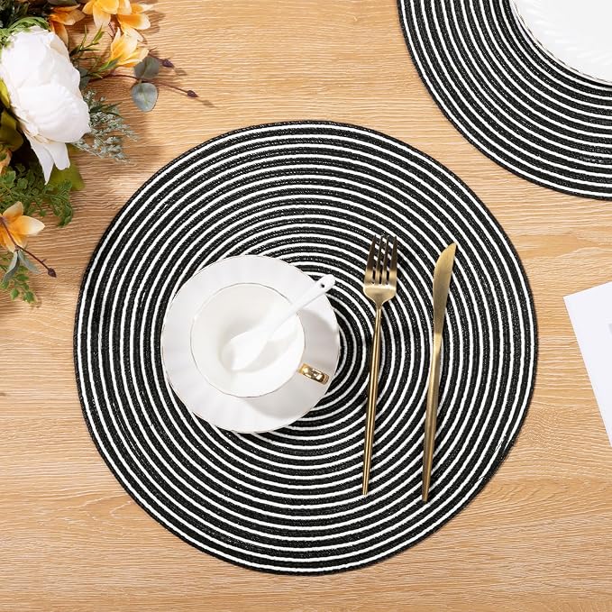 SHACOS 15 inch Round Braided Placemats Set of 6 Non Slip Washable Fabric Kitchen Table Place Mats Heat Resistant Table Mats for Home Wedding Party, Black White - Image 7