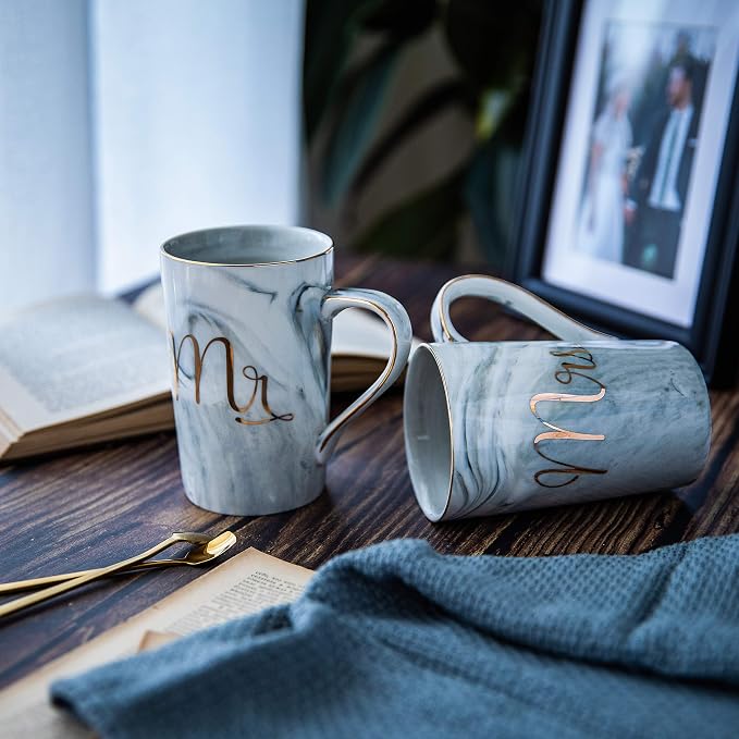 Jumway Mr and Mrs Coffee Mugs - Wedding Gifts - Mr and Mrs Mugs Set - for Bride and Groom - Gifts for Bridal Shower Engagement Wedding and Married Couples Anniversary - 14 Oz Grey - Image 3