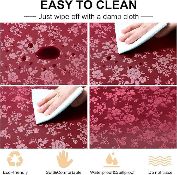smiry Waterproof Vinyl Tablecloth, Rectangle Heavy Duty Table Cloth, Wipeable Table Cover for Kitchen and Dining Room (Red, 60X102 Inch) | Wipeable Washable Floral Embossed Table Cover for Kitchen and Dining Room, Indoor & Outdoor Use, Wine Red - Image 5