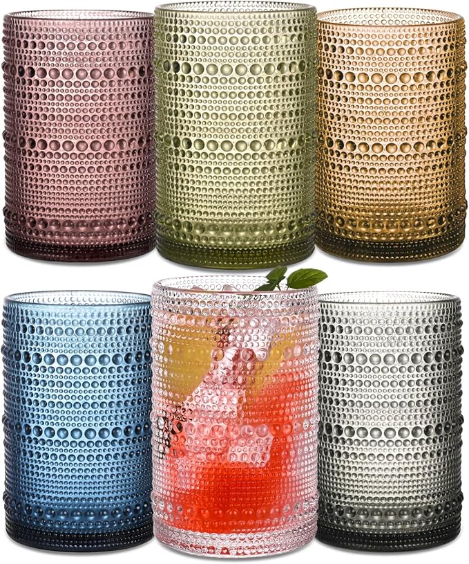 Colored Hobnail Drinking Glasses Set of 6, 15 oz Vintage Highball Glasses, Drinkware Kitchen Glasses for Cocktail, Iced Coffee, Beer, Ice Tea, Wine, Whiskey, Water by JPPSUJJ