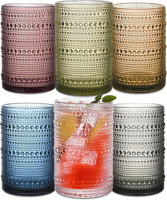 Colored Hobnail Drinking Glasses Set of 6, 15 oz Vintage Highball Glasses, Drinkware Kitchen Glasses for Cocktail, Iced Coffee, Beer, Ice Tea, Wine, Whiskey, Water by JPPSUJJ