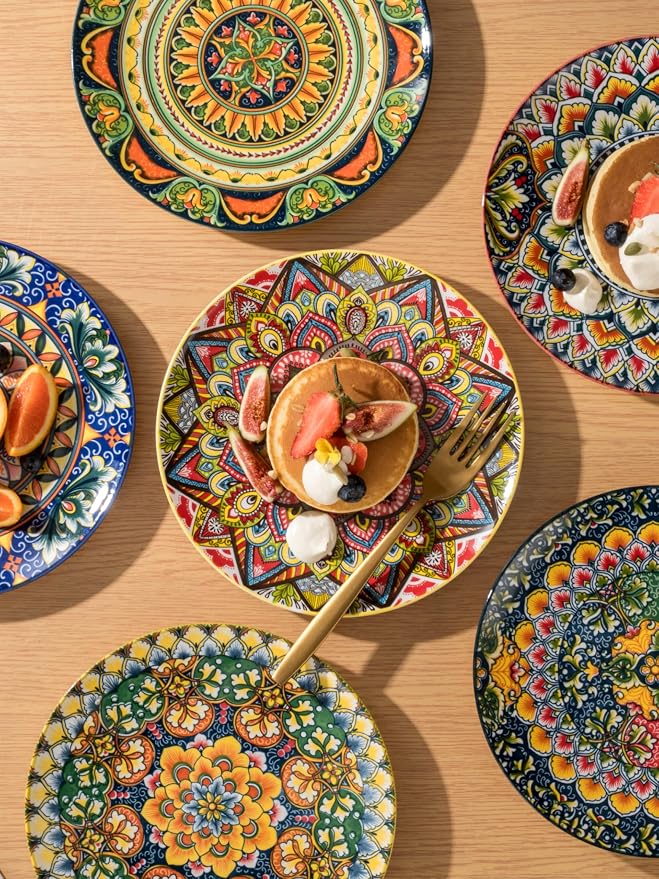 Henten Home Ceramic Dessert Plates Set of 6, 8.5 Inch Porcelain Salad Plate, Colorful Bohemian Style Serving Dishes for Cake, Snack, Appetizer, Decorations, Dishwasher & Microwave Safe - Image 3