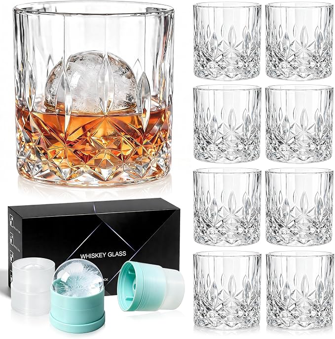 QUMMFA Whiskey Glasses, Set of 16 (8 Rocks Glasses 8 Whiskey Ice Ball Molds), 11 OZ Old Fashioned Glass for Bourbon Vodka Scotch, Crystal Cocktail Glasses in Gift Box, Gifts for Men by QUMMFA
