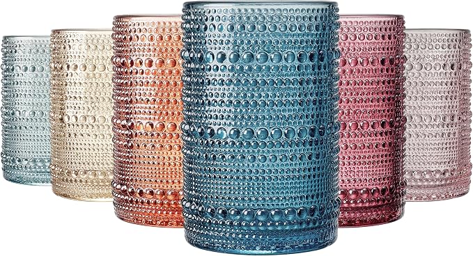Khen Beaded Highball Drinking Tumbler Set | Set of 6 | Holiday Decor Vintage Hobnail 12 OZ Muted Bubble Design Whiskey Glassware, Old-Fashioned, Embossed Design Glass for Water Wine, Cocktail by Khen