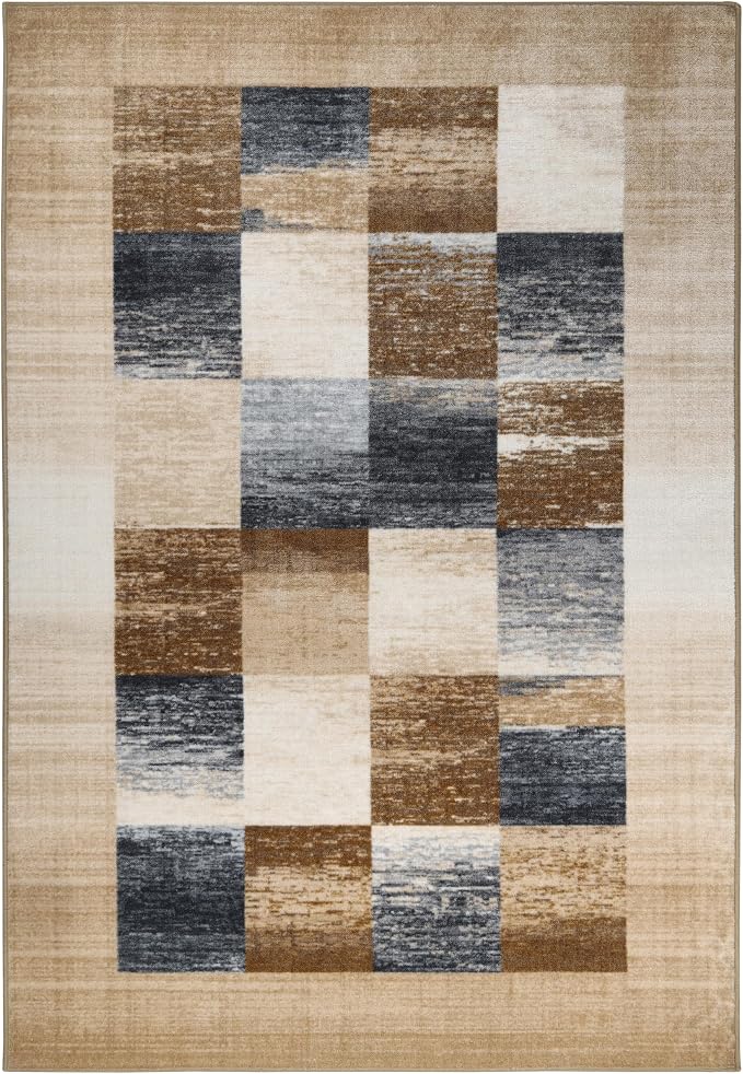Superior Indoor Non-Slip Area Rug, Rustic Floor Decor, Color Block Rug for Living Room, Bedroom, Office, Kitchen, Dining, Washable Rugs, Foam Back, Lockwood Collection, 4' x 6', Cream by SUPERIOR