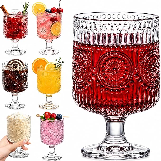 Pumtus 6 Pack Vintage Goblet Glasses, 7.6 OZ Embossed Floral Glass Cup, Clear Romantic Wine Glassware, Unique Pressed Pattern Stemware, Mixed Drink Glasses Set for Cocktail, Juice,Whiskey, Beer by Pumtus