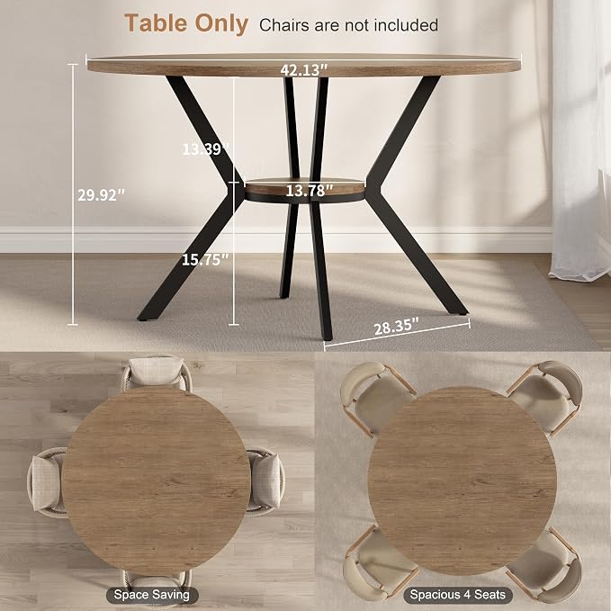 MECHYIN 42" Round Dining Table for 2-4, Farmhouse Kitchen Table with Storage, Space Saving Circle Dinner Table, Rustic Light Wood Kitchen & Dining Room Tables with Metal Legs for Kitchen, Dining Room - Image 2
