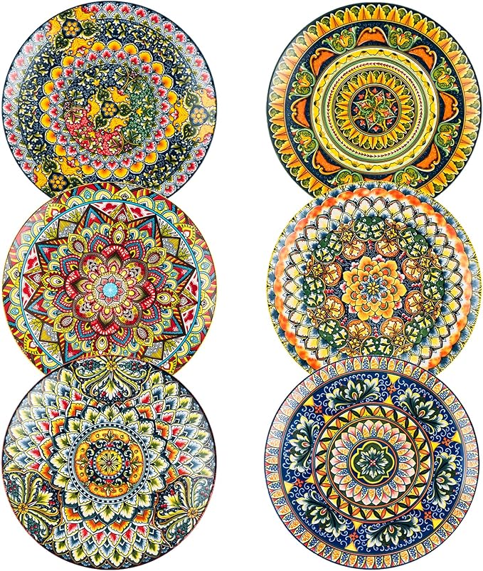Henten Home Ceramic Dessert Plates Set of 6, 8.5 Inch Porcelain Salad Plate, Colorful Bohemian Style Serving Dishes for Cake, Snack, Appetizer, Decorations, Dishwasher & Microwave Safe by HentenHome