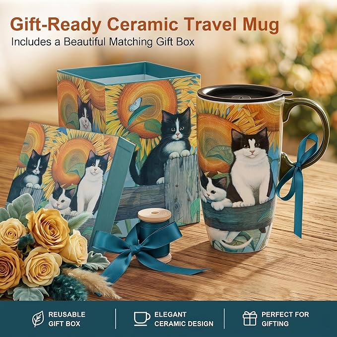 Topadorn 17oz Ceramic Travel Mug with Lid, Sunflower & Cat Coffee Mug | Coffee Mug with Handle, Cat & Sunflower Design, Spill-Resistant Lid, Microwave & Dishwasher Safe, Gift Box Included - Image 7