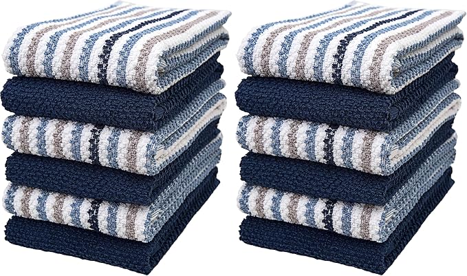 Premium Kitchen Towels (16”x 26”, 12 Pack) | Large Cotton Kitchen Hand Towels | Popcorn Striped Design | Dish Towels | 430 GSM Highly Absorbent Tea Towels Set with Hanging Loop | Blue by BumbleTowels