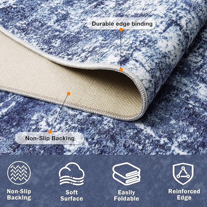 9x12 Washable Area Rug for Living Room Bedroom: Non-Slip Modern Navy Blue | Machine Washable TPR Backing, Stain-Resistant Low Pile, Pet & Kid Friendly, Abstract Decor for Dining Room, Dorm, Home Office - Image 4