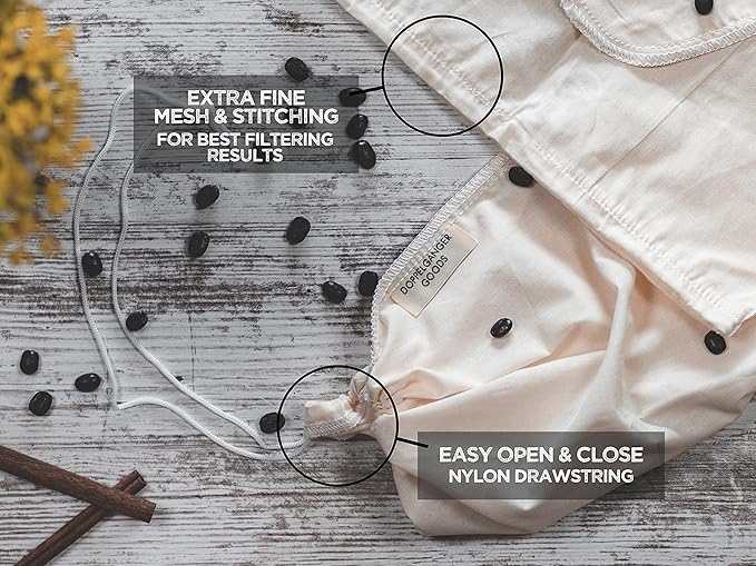(2-Pack, Medium 8in x 12in) Organic Cotton Cold Brew Coffee Bag - Designed in California - Reusable Coffee Filter with EasyOpen Drawstring Cold Brew Maker for Pitchers, Mason Jars, & Toddy Systems