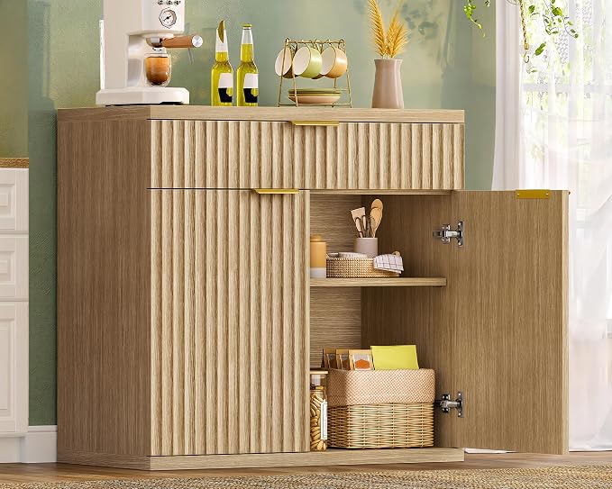 TEENFON 31.5" W Fluted Buffet Cabinet with Storage, Sideboard Cabinet, Coffee Bar Cabinet with 2 Doors and Adjustable Shelf for Living Room, Kitchen, Entryway, Natural by TEENFON