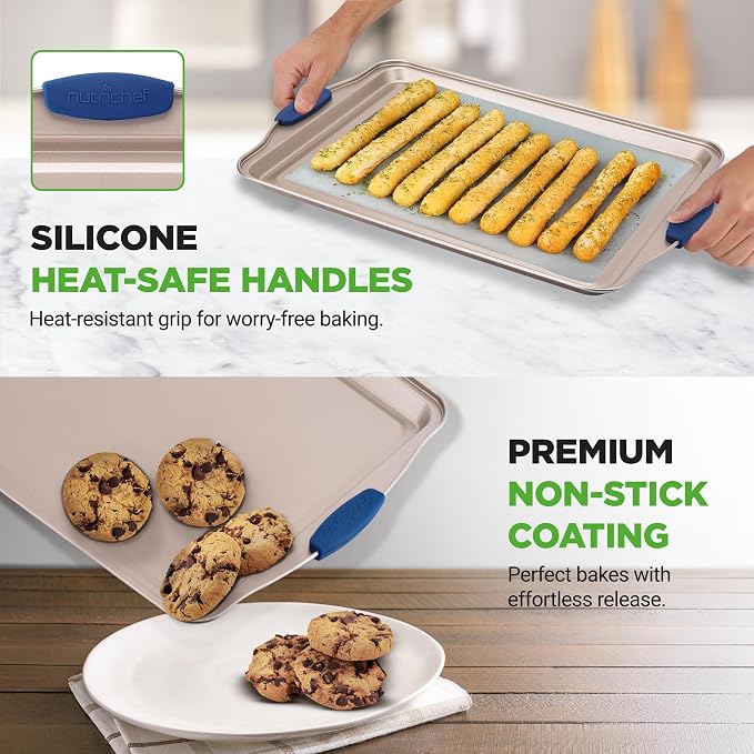 NutriChef 8-Piece Nonstick Bakeware Set - Heavy Duty Carbon Steel Baking Pans w/ Blue Silicone Handles - Pizza Crisper, Muffin & Loaf Pan, Round & Square Pans, Cookie Sheet - Champagne Gold - Image 6