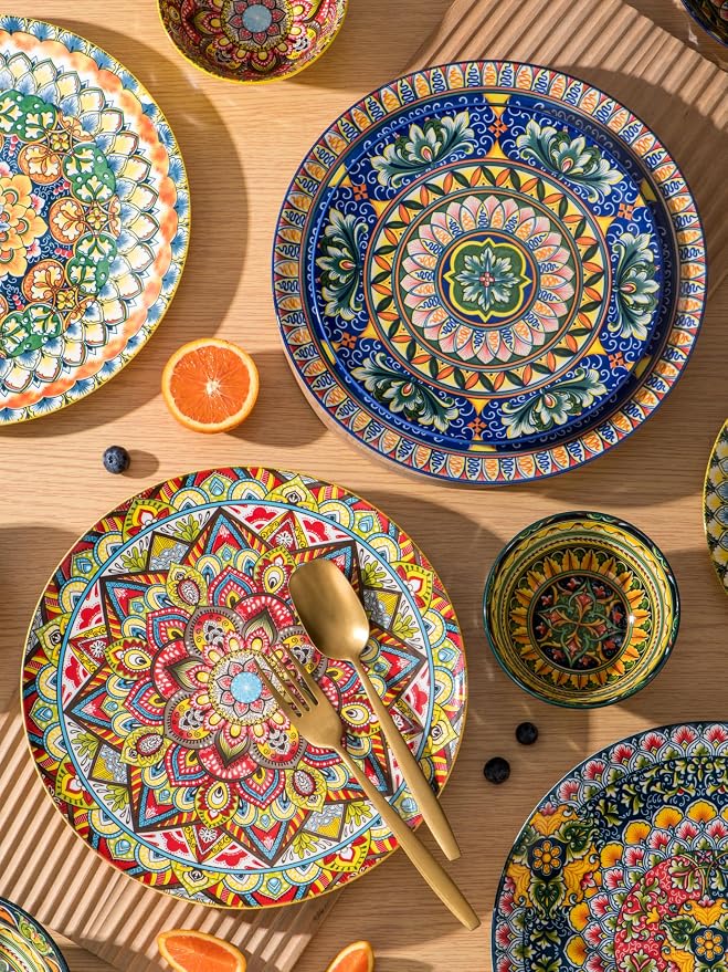 Henten Home Dinner Plates Set of 6, 10.5 Inch Porcelain Plate, Colorful Bohemian Serving Dishes for Kitchen, Pasta, Salad, Decorative, Microwave & Dishwasher Safe - Image 5