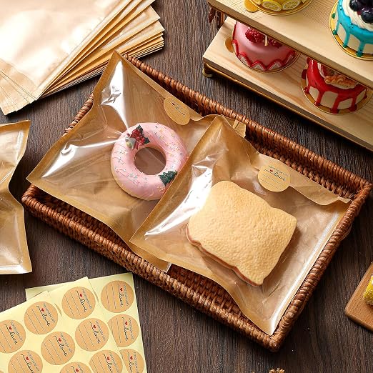 Outus 50 Pcs Cookie Packaging Bags with Seal, 7.1 x 7.5 Inch Bakery Pastry Bags with Window, Heat Sealable Grease Resistant Paper to Go Bake Sleeves for Gift Giving Donut Bread Sandwich (Brown) - Image 6