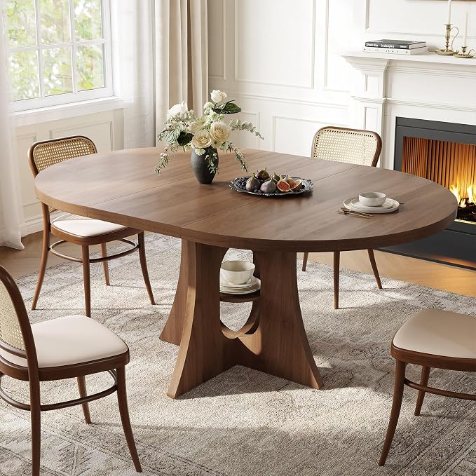 43.3"-59" Extendable Round-to-Oval Dining Table with Leaf & Storage | Oval Table, Round Kitchen Table, Seats 4-8, Modern Farmhouse, Space-Saving, Walnut Finish, Circle Table, Oval Dining Table - Image 5