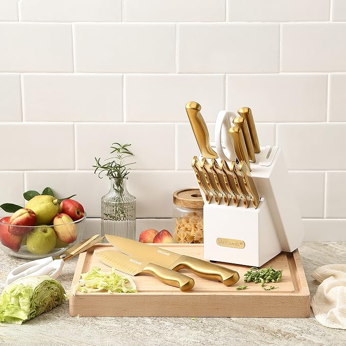 McCook Knife Set Gold Kitchen Knife Block Set w Built-in Sharpener | German Forged Stainless Steel,15 PC,Razor Sharp,Anti-Rust, Ergonomic Handles,Full Tang,Elegant Gold, Gift Box - Image 6