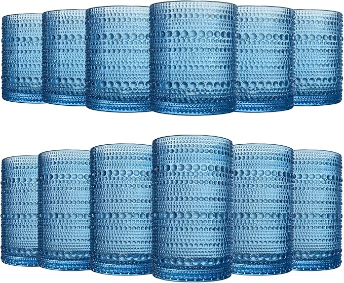Hobnail Beaded Highball Drinking Tumbler Glasses | Set of 12 | Color, Vintage Bubble Design Whiskey Glassware, Old-Fashioned, Embossed Design for Water, Wine, Cocktail Embossed Heavy Glas, Rocks Glass by Khen