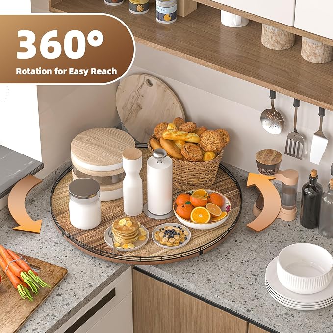 24 Inch Lazy Susan Turntable, Heavy Duty Acacia Wood Round Tray for Kitchen | Easy 360 Degree Spin; Raised Iron Rim; 3 Anti Slip Pads; No Assembly; Farmhouse Decor; Pantry, Cabinet, Gift Box - Image 4