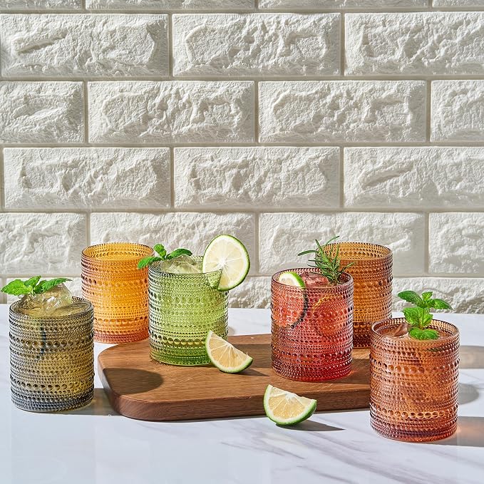 Shades of Summer Set of 6 Luxury Hobnail Drinking Glasses - 11oz Jewel-Toned Vintage Beaded Highball Tumblers - Textured Bubble Glassware Drinks Cocktails & Wine Elegant Boho Home Bar & Dining Décor - Image 2