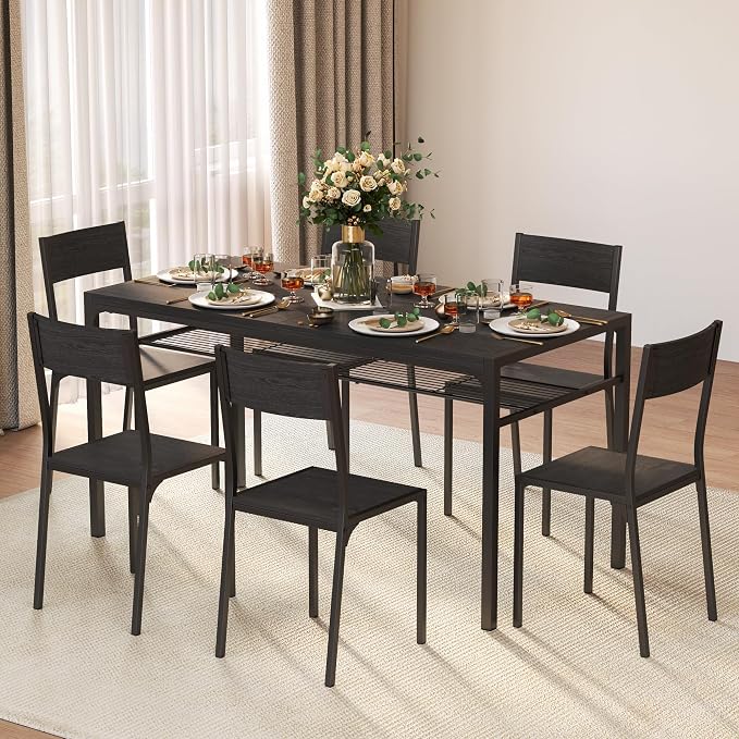 Gizoon 7-Piece Dining Table Set for 6, Kitchen Table with Chairs Black | Spacious black 6-person dining set with under-table storage rack. Ergonomic chairs slide under table to maximize space. - Image 2