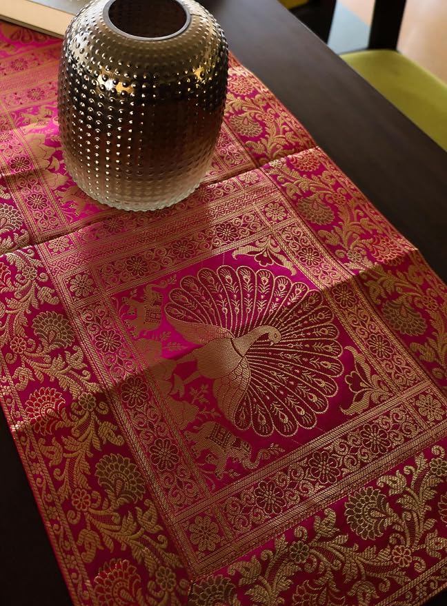 Indian Handmade Table Runner with Golden Peacock Design – Silk Brocade Fabric – 60 x 16 Inches – Elegant Decorative Table Linen for Dining Table, Console, Pooja Mandir - Image 3